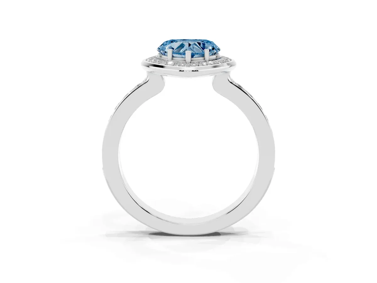 Fancy Blue Heart Cut Diamond Halo Ring with Bezel Frame and Pavé Band Silver