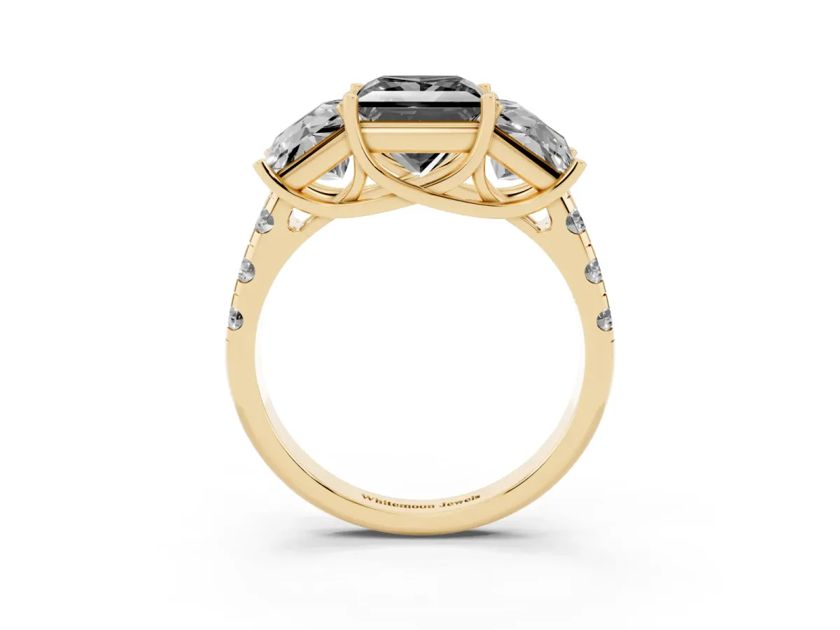 Fancy Black Three-Stone Princess Cut Diamond Pavé Band with Prong Setting Yellow gold