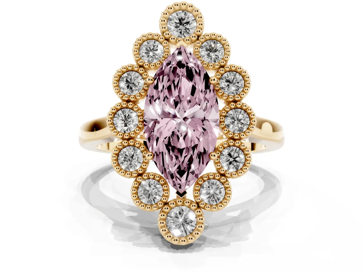 Fancy Pink Marquise Cut Halo Diamond Cluster Engagement Ring with Milgrain Bezel Setting and Solitaire Band Yellow gold