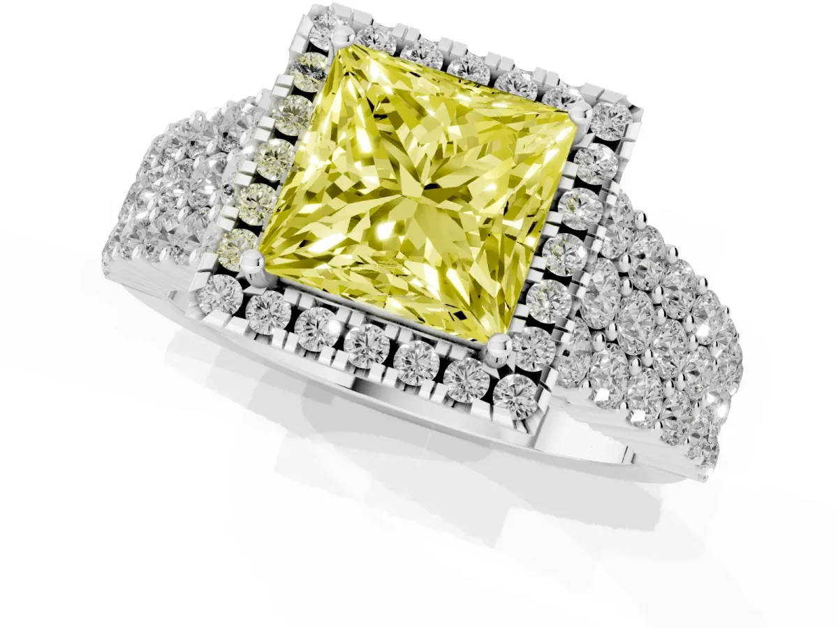 Fancy Yellow Princess Cut Diamond Halo Engagement Ring with Triple Row Round Pavé Band and Prong Setting Platinum