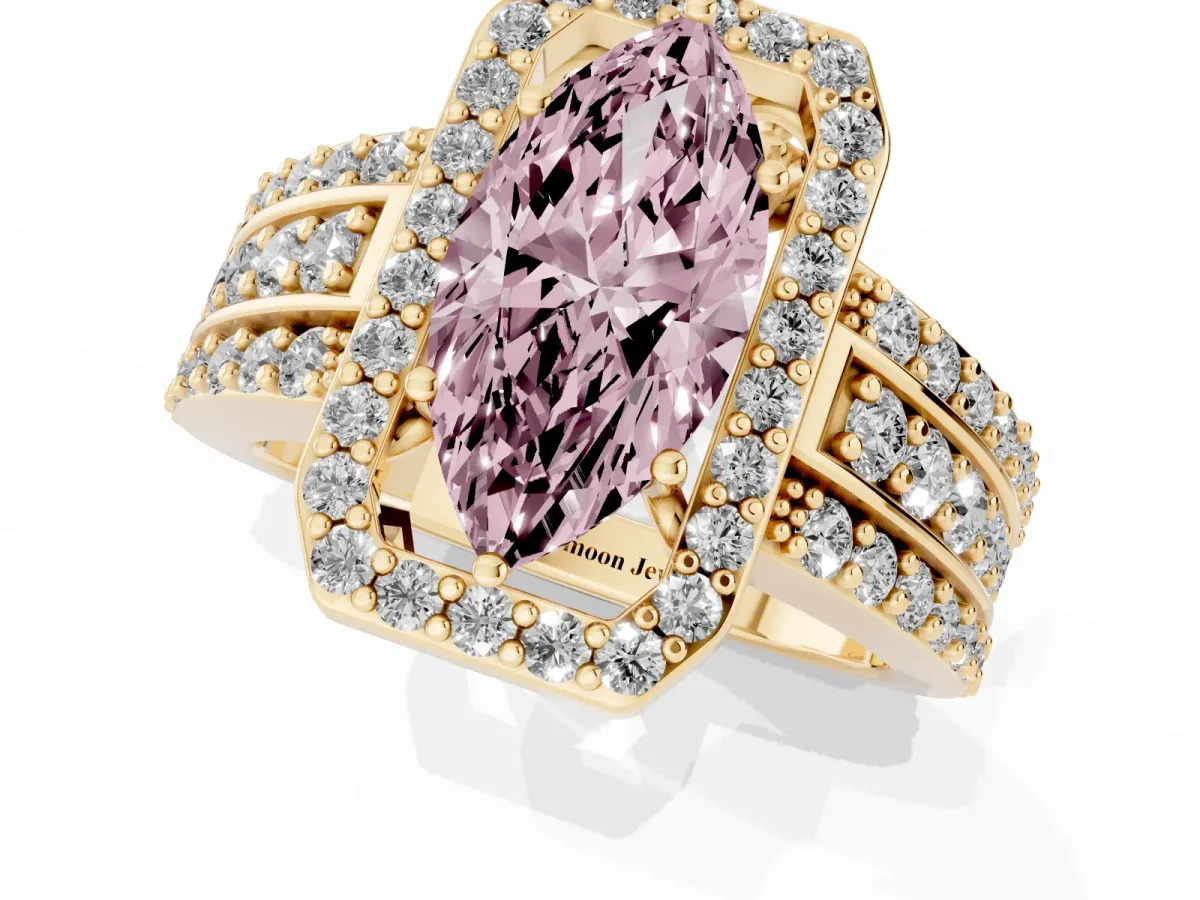 Fancy Pink Marquise Cut Halo Diamond Ring with Round Split Shank and Prong Setting Yellow gold
