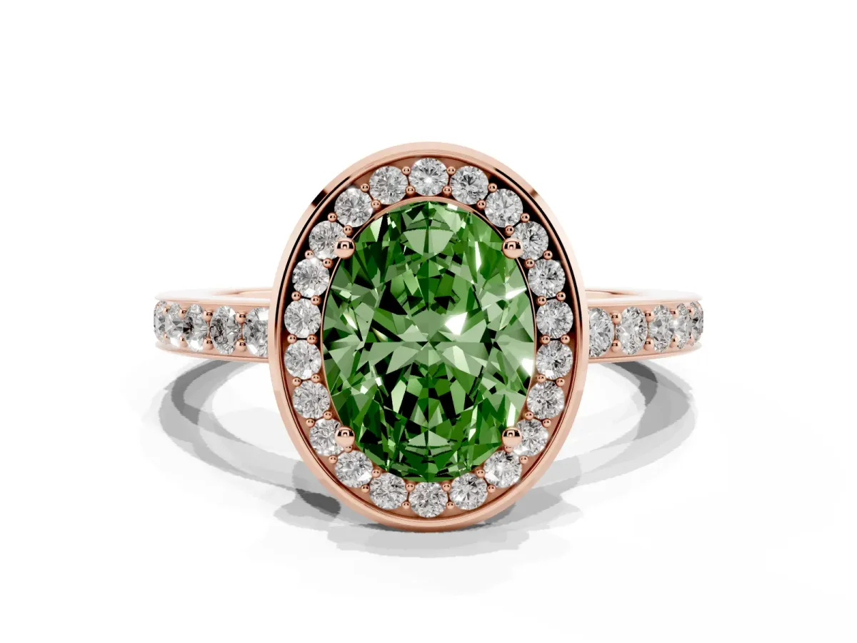 Fancy Green Oval Cut Diamond Halo Ring with Bezel Frame and Pavé Band Rose gold