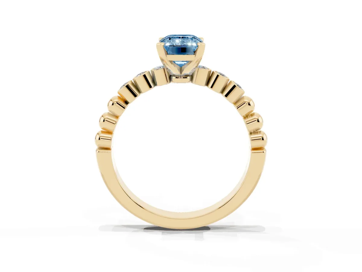 Fancy Blue Emerald Cut Solitaire Bezel Accent Diamond Engagement Ring with Beaded Band and Four-Prong Setting Yellow gold