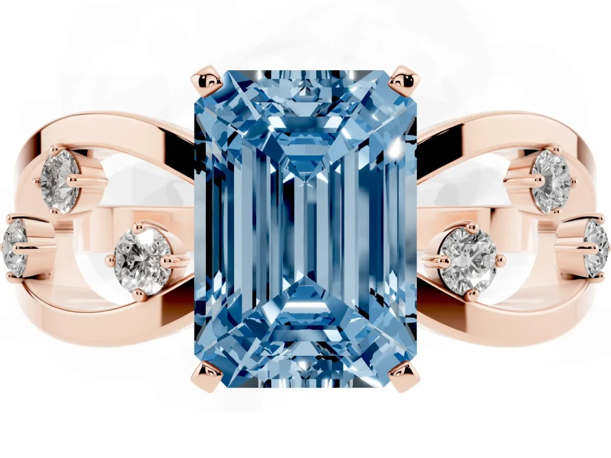 Fancy Blue Emerald Cut Cut Solitaire Diamond with Side Stones on Criss-Cross Band and Four-Prong Setting Rose gold