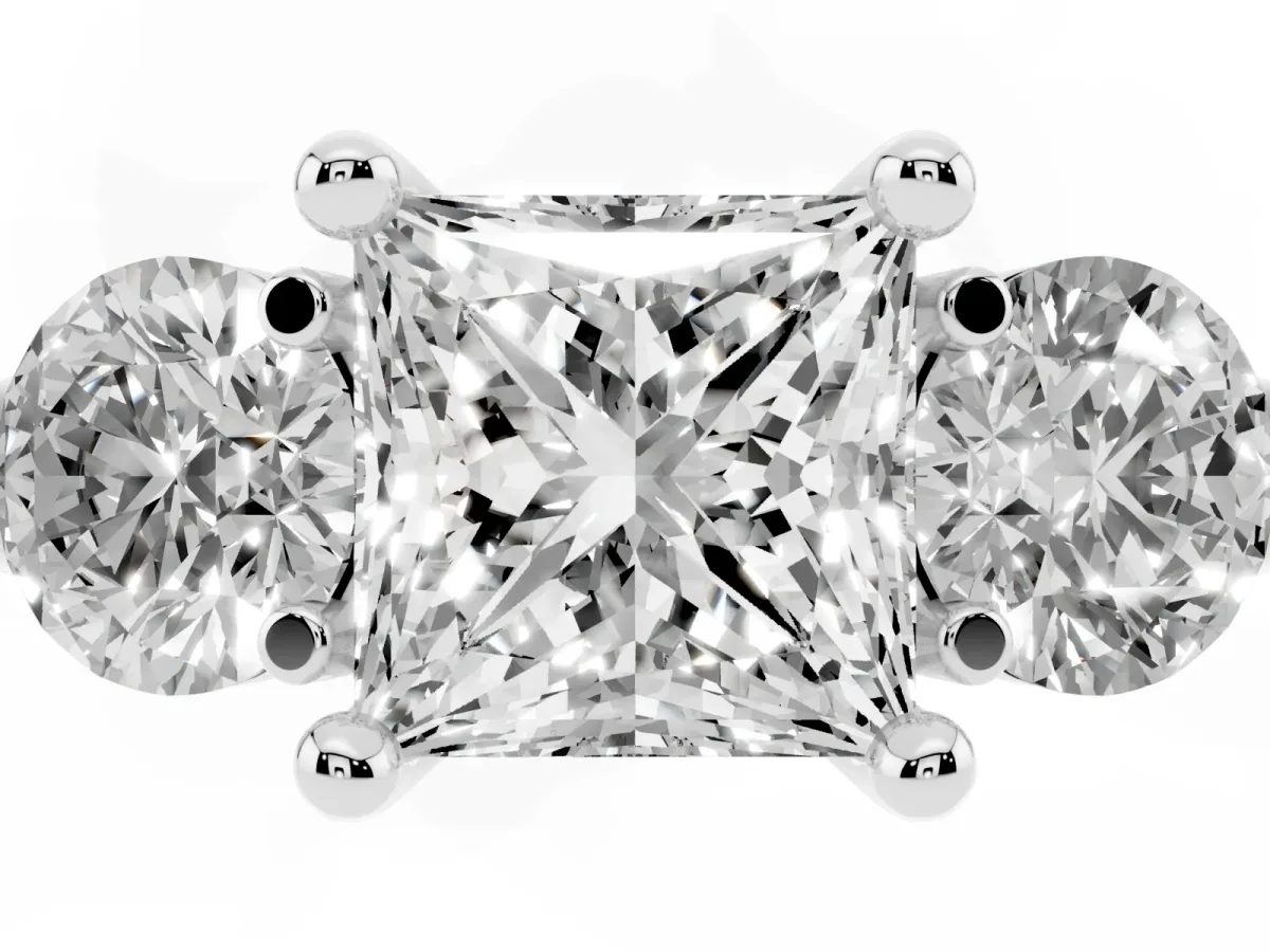 Three-Stone Princess Cut Brilliant Cut Solitaire Ring with Prong Setting on a Classic Band Platinum