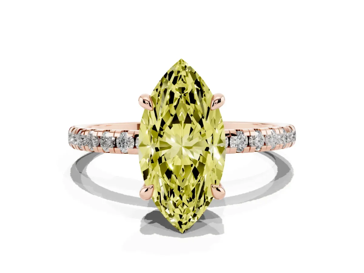 Fancy Yellow Marquise Cut Diamond Brilliant Solitaire Ring with Pavé Band and Four-Prong Setting Rose gold