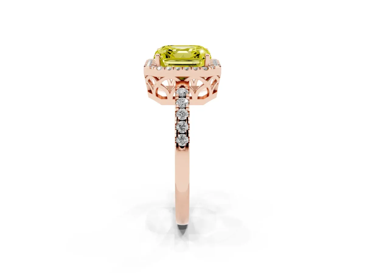 Fancy Yellow Asscher Cut Halo Diamond Engagement Ring with Pavé Band and Four-Prong Setting Rose gold