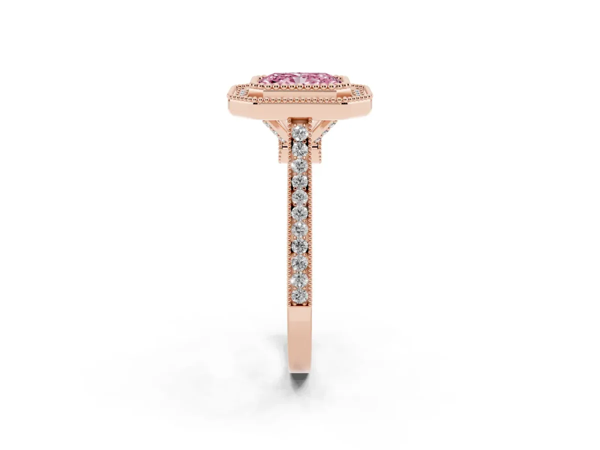 Fancy Pink Radiant Cut Diamond Halo Ring with Milgrain Frame and Pavé Band Rose gold