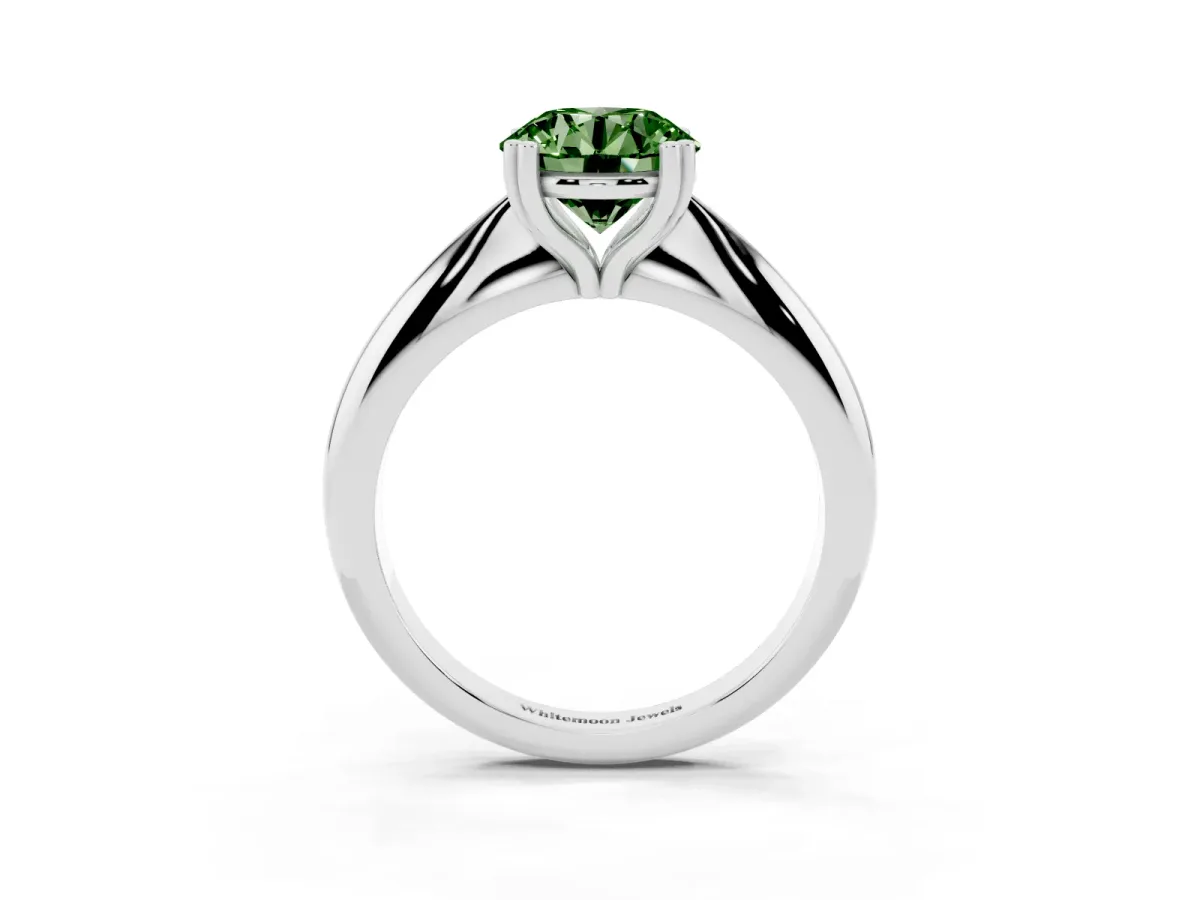 Fancy Green Round Cut Cut Solitaire Engagement Ring with Tapered Band and Four-Prong Setting Silver