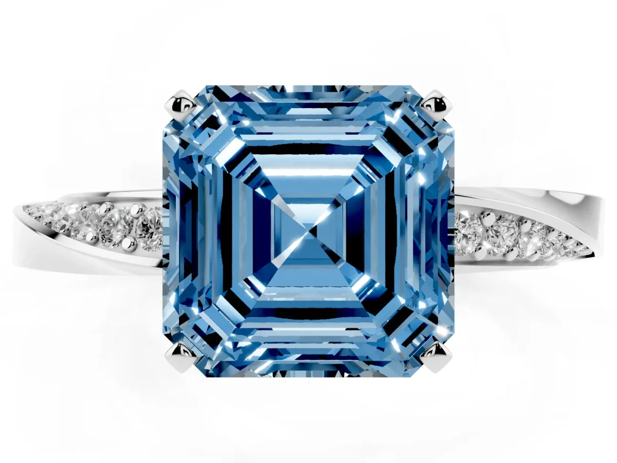Fancy Blue Asscher Cut Diamond Engagement Ring with Side Stone Accents and Four-Prong Setting Silver