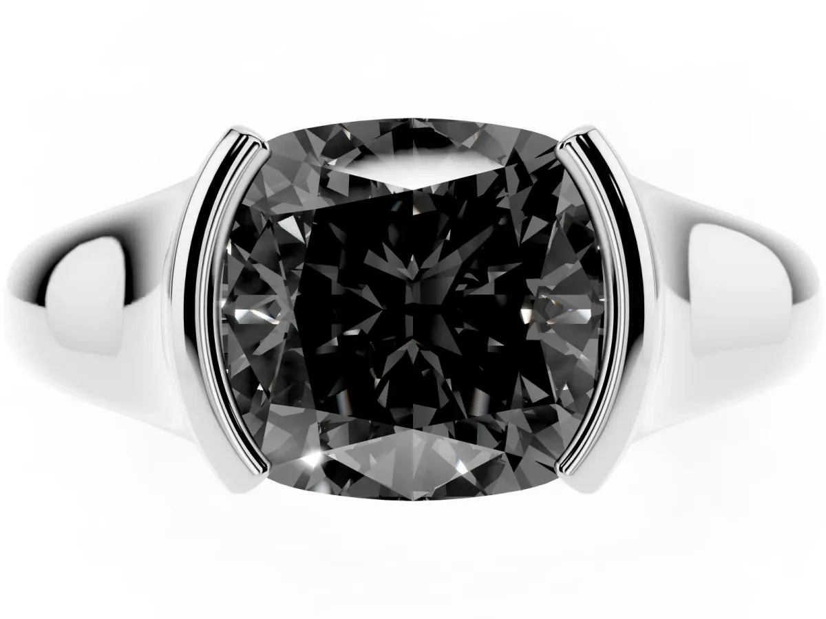 Fancy Black Cushion Cut Solitaire Tension Set Diamond Ring with Split Shank Band Silver