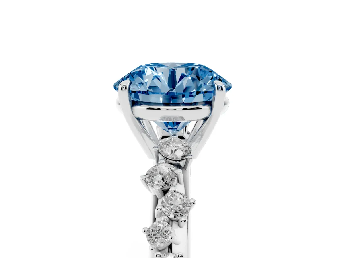 Fancy Blue Round Cut Diamond Cluster Side Stone Solitaire Ring with Prong Setting Silver