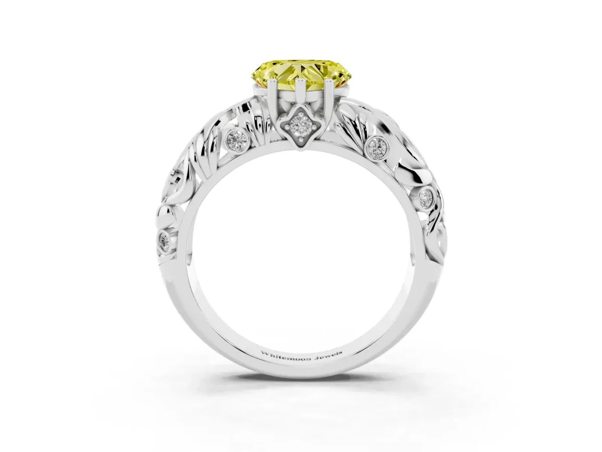 Fancy Yellow Heart Cut Solitaire Diamond Leaf-Inspired Vine Band Ring with Prong Setting Silver