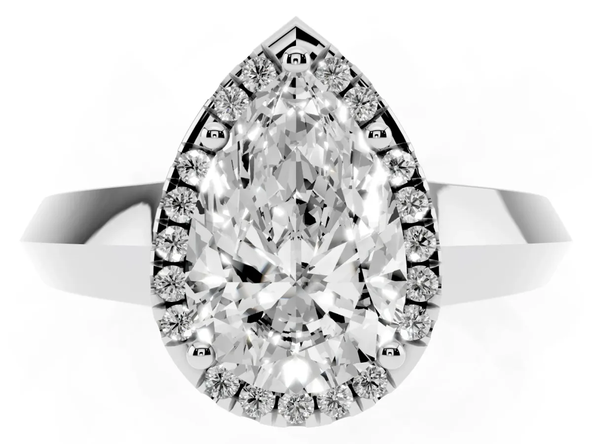 Pear Cut Halo Diamond Ring with Cathedral Band and Four-Prong Setting Silver