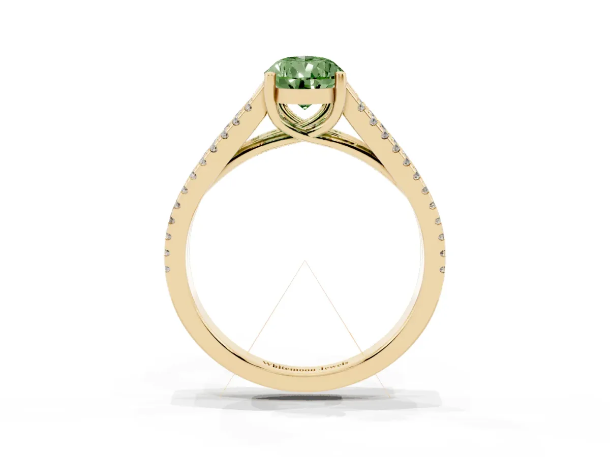 Fancy Green Pear Cut Diamond Solitaire Engagement Ring with Split Shank Pavé Band Yellow gold
