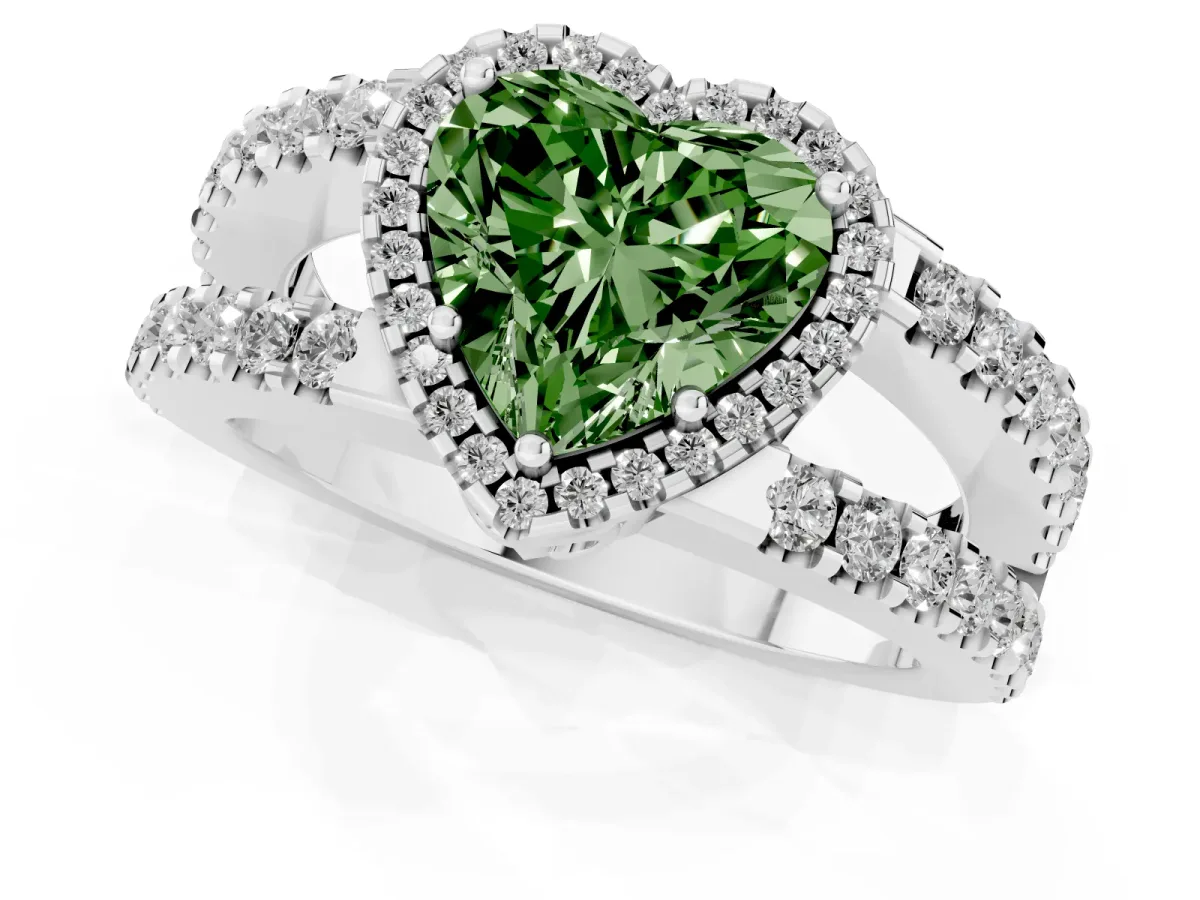 Fancy Green Heart Cut Cut Halo Split Shank Diamond Ring with Four-Prong Setting Silver