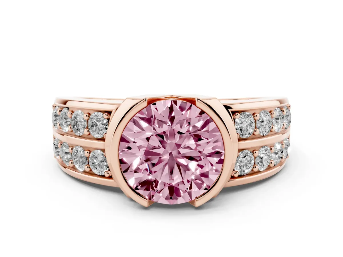 Fancy Pink Round Cut Brilliant Diamond Channel Set Wide Band Ring with Bezel Setting Rose gold