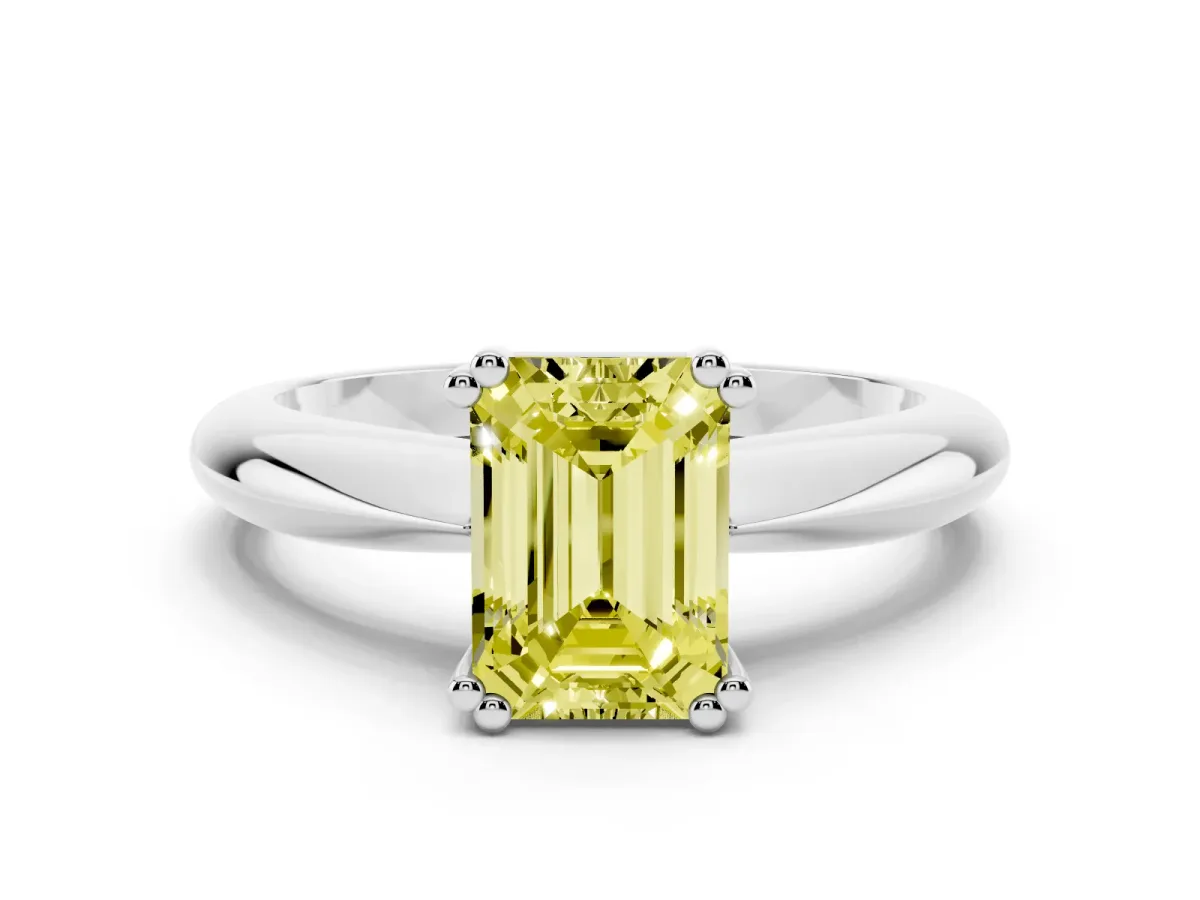 Fancy Yellow Emerald Cut Cut Solitaire Engagement Ring with Tapered Band and Four-Prong Setting Silver