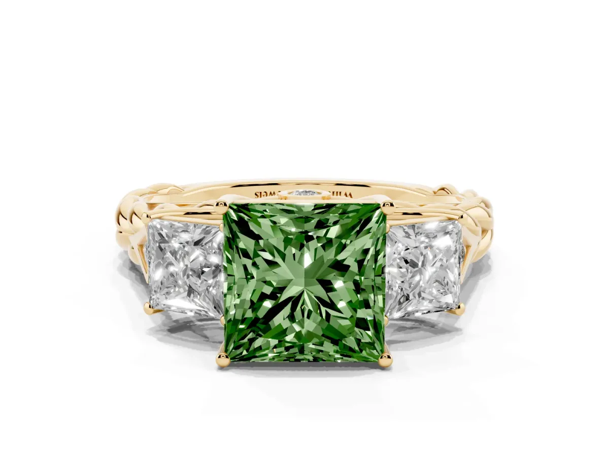Fancy Green Three-Stone Princess Cut Diamond Braided Band Ring with Four-Prong Setting Yellow gold