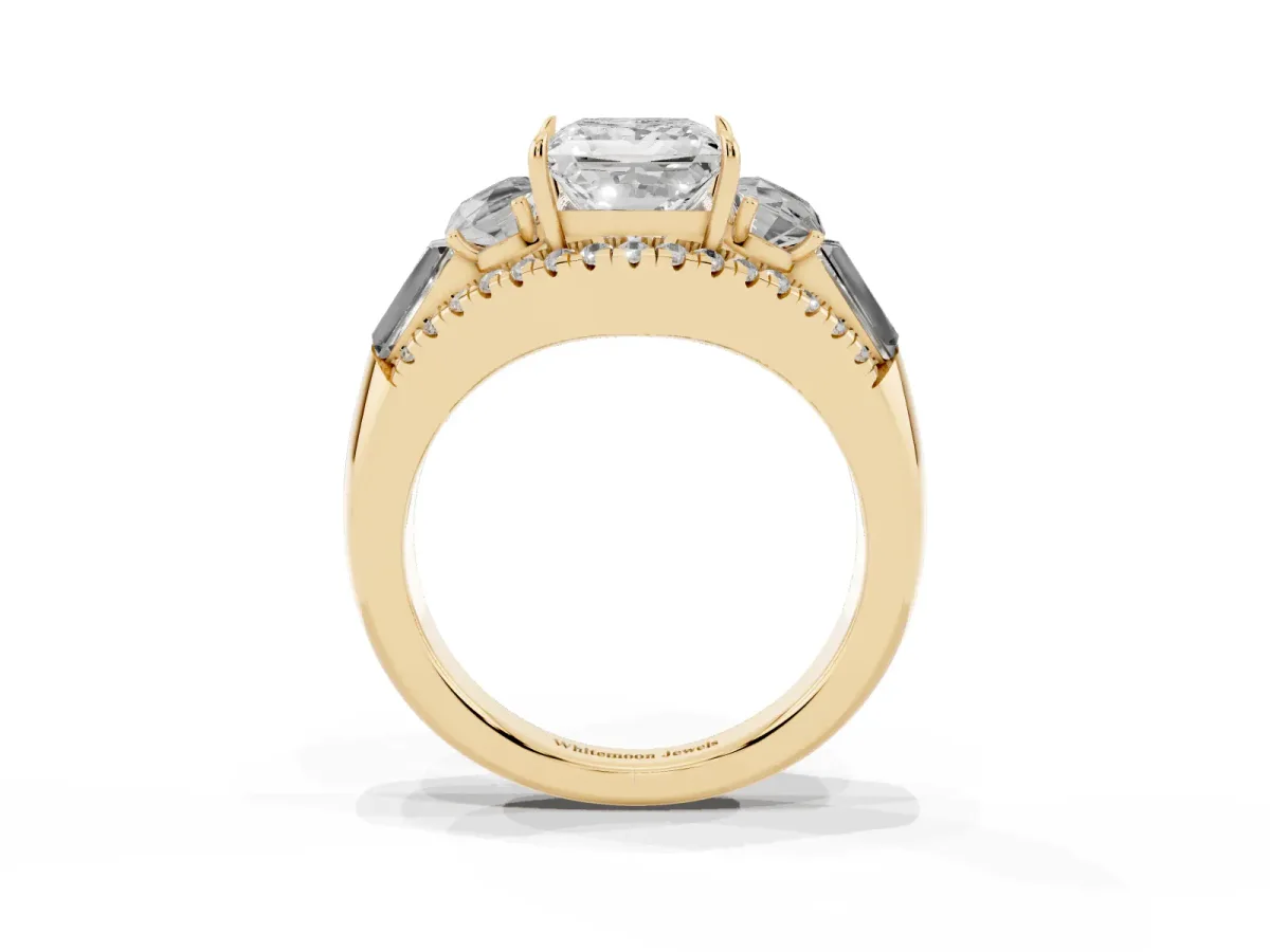Three-Stone Princess Cut Diamond Engagement Ring with Pave Band and Prong Setting Yellow gold