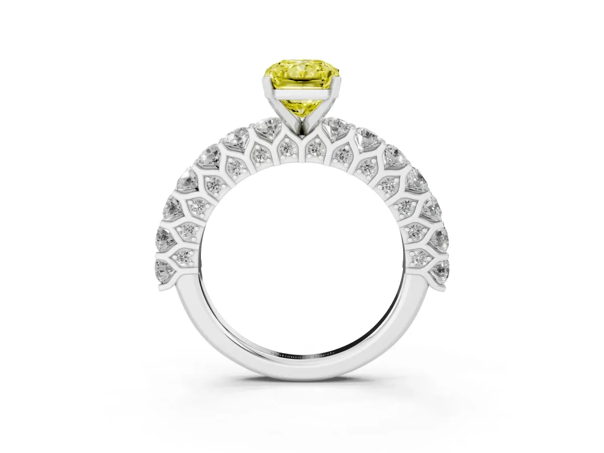 Fancy Yellow Radiant Cut Diamond Solitaire Ring with Shared Prong Pavé Band and Four-Prong Setting Platinum