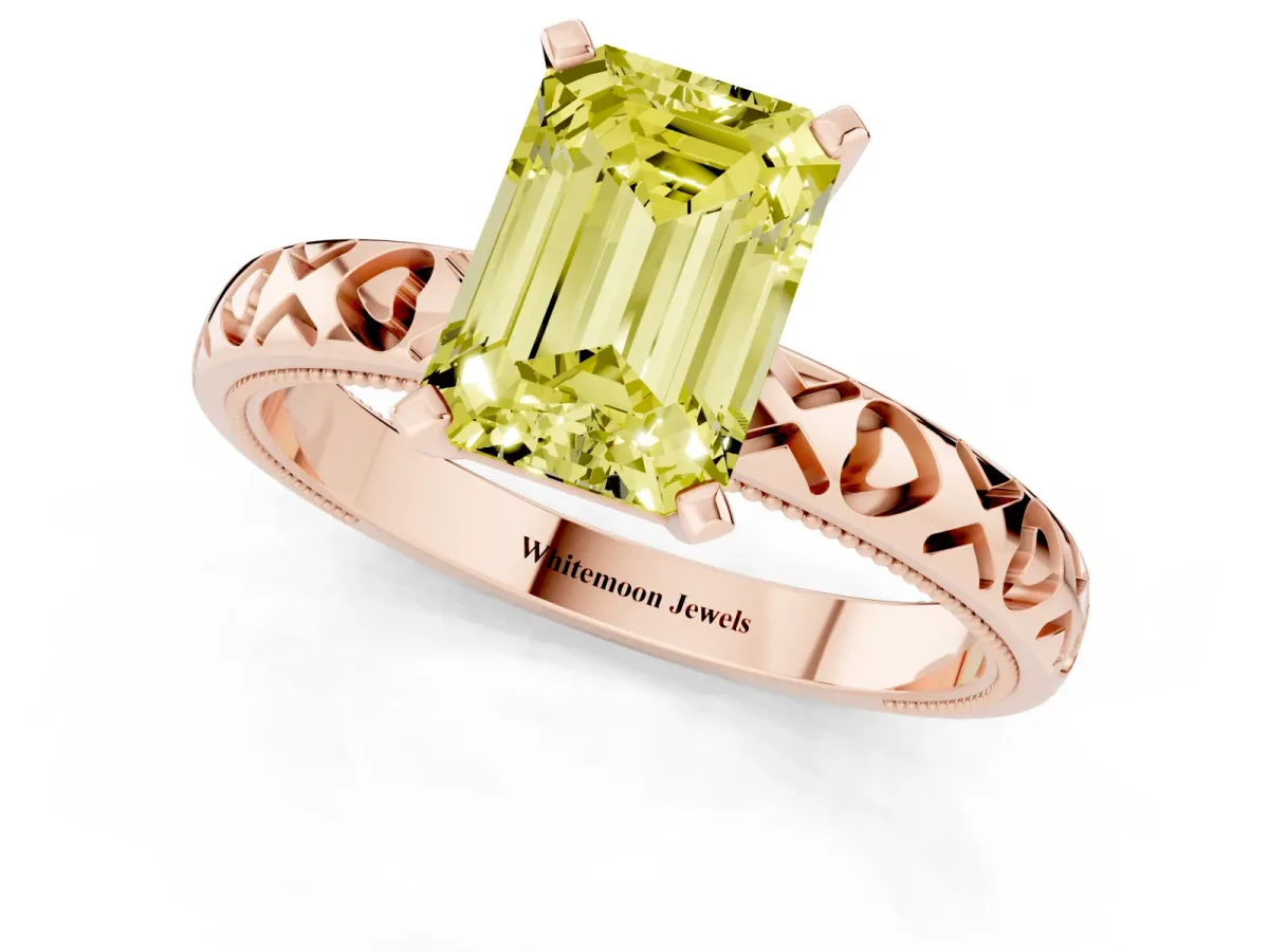 Fancy Yellow Emerald Cut Solitaire Diamond Engagement Ring with XO Engraved Band and Four-Prong Setting Rose gold