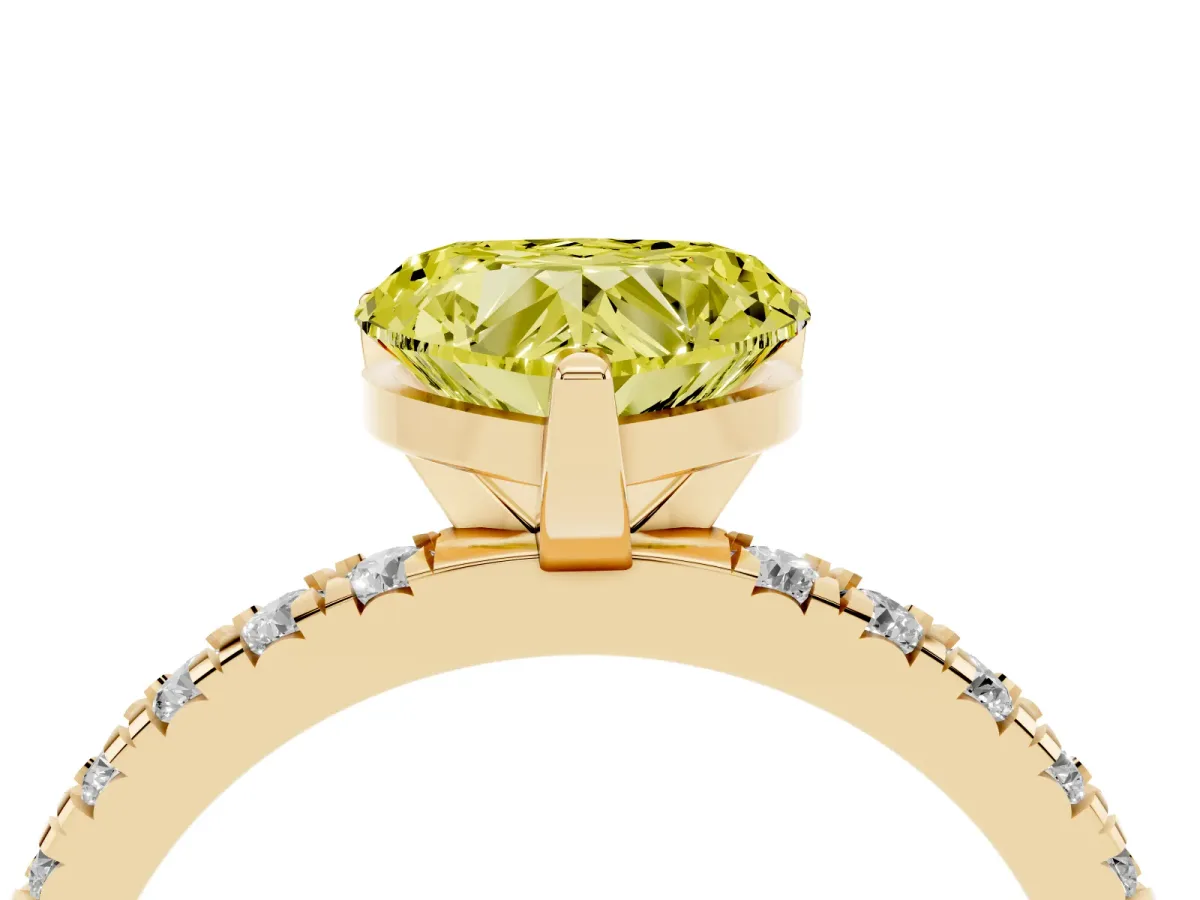 Fancy Yellow Heart Cut Diamond Pavé Band Solitaire with Four-Prong Setting Yellow gold