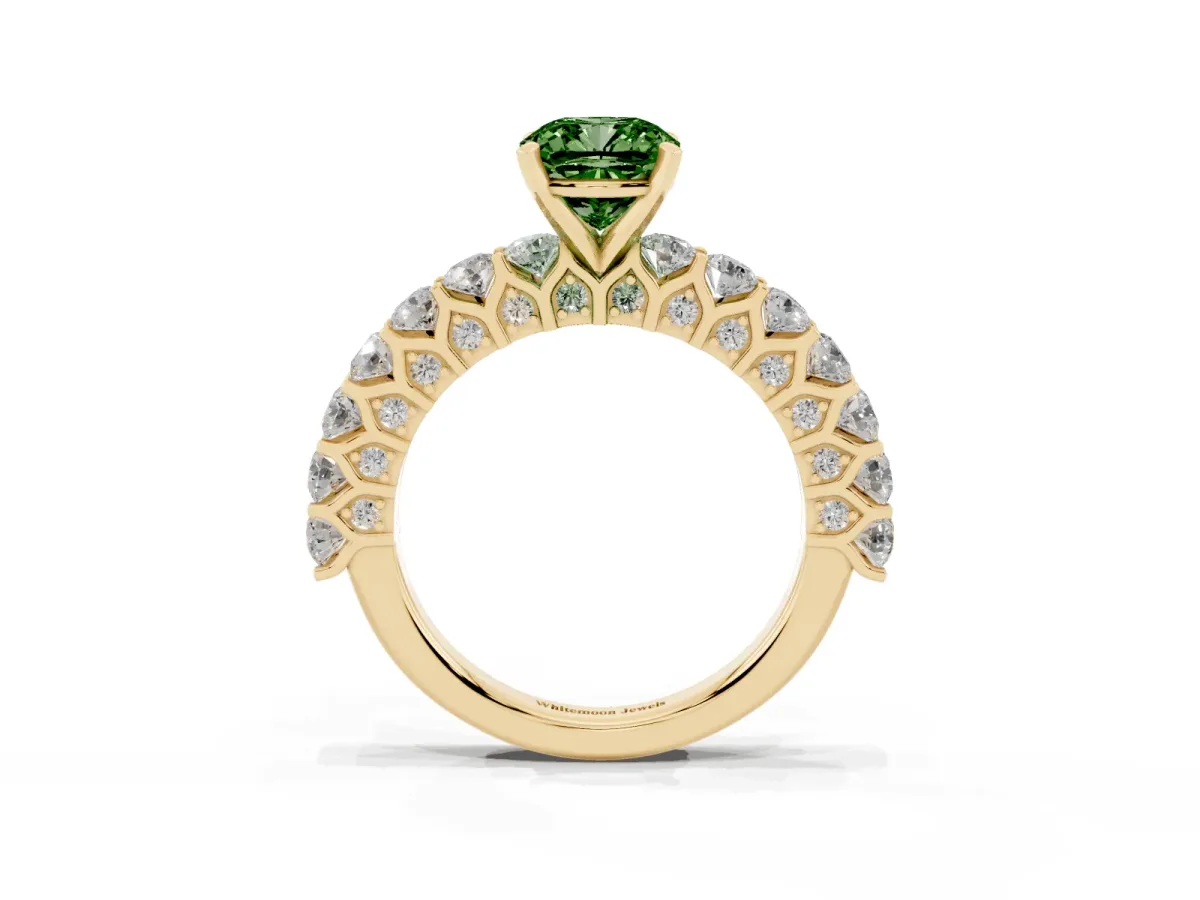 Fancy Green Cushion Cut Diamond Solitaire Ring with Shared Prong Pavé Band and Four-Prong Setting Yellow gold
