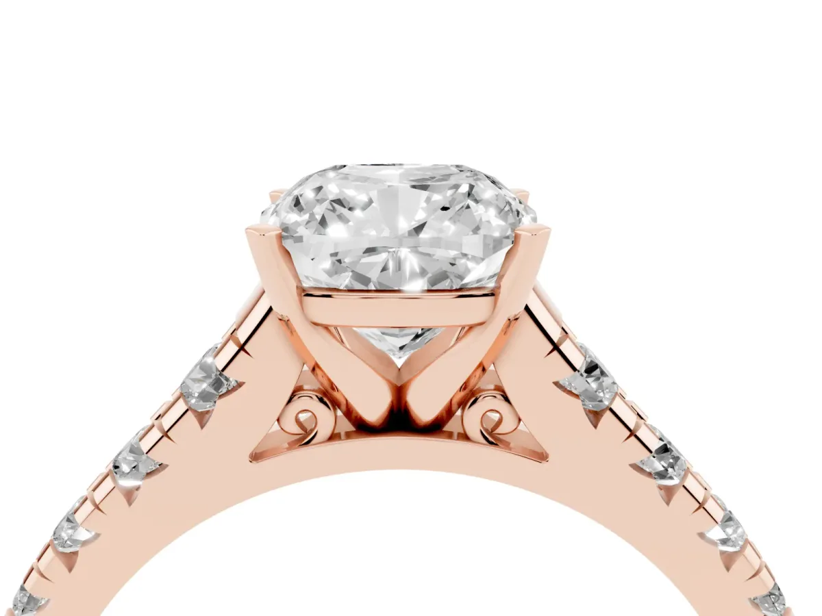Cushion Cut Diamond Cathedral Solitaire Ring with Round Pavé Band Rose gold