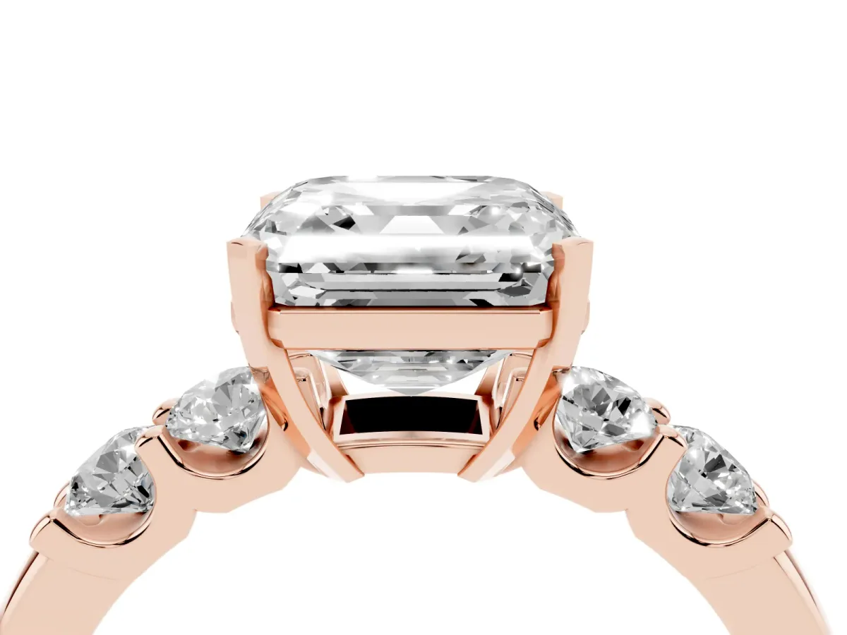 Asscher Cut Brilliant Cut Diamond Five-Stone Prong Set Engagement Ring with Channel Band Rose gold