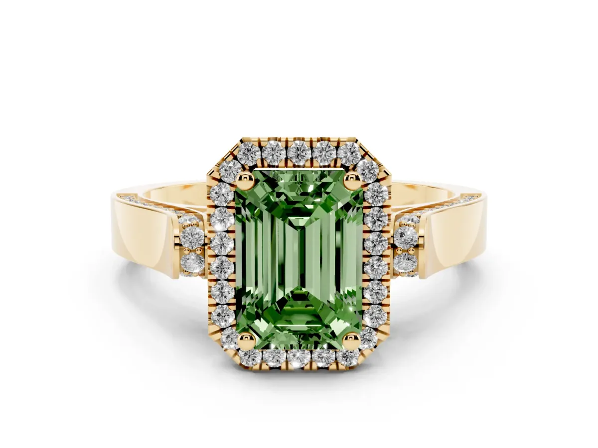 Fancy Green Emerald Cut Halo Pave Split Shank Prong Setting Ring Yellow gold