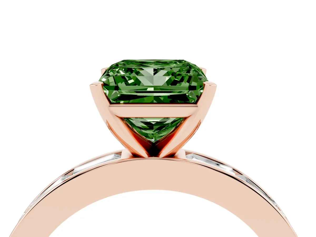 Fancy Green Princess Cut Solitaire Diamond Ring with Channel-Set Baguette Band and Four-Prong Setting Rose gold