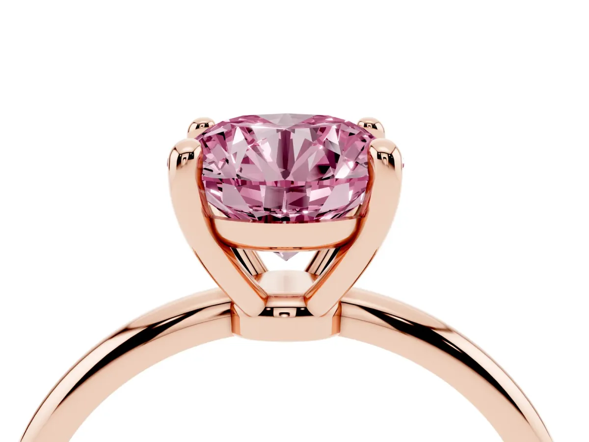 Fancy Pink Round Cut Solitaire Diamond Ring with 4-Prong Setting on a Classic Band Rose gold