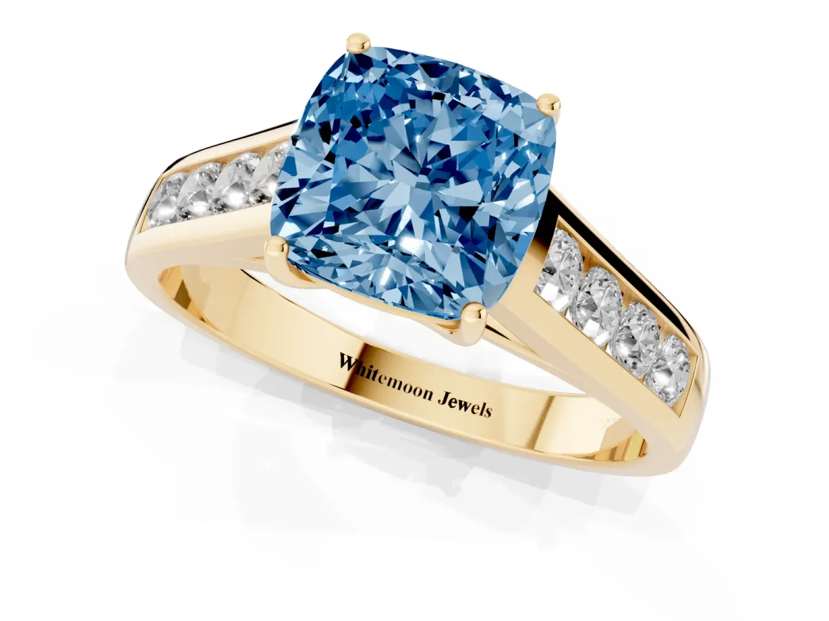 Fancy Blue Cushion Cut Solitaire Channel-Set Diamond Engagement Ring with Four-Prong Setting Yellow gold
