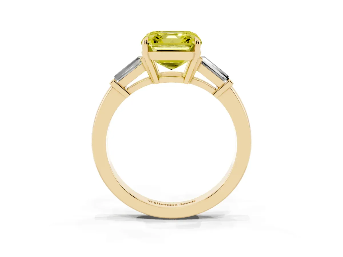 Fancy Yellow Asscher Cut Diamond Three-Stone Ring with Tapered Baguette Side Stones and Prong Setting Yellow gold