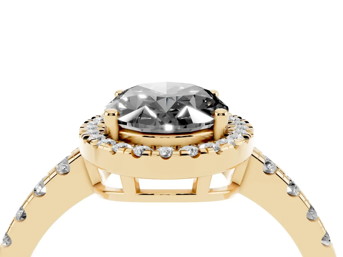 Fancy Black Oval Cut Diamond Halo Ring with Pavé Band and Four-Prong Setting Yellow gold