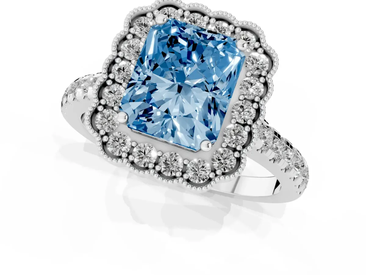 Fancy Blue Radiant Cut Cut Diamond Milgrain Floral Halo Engagement Ring with Pavé Band Silver