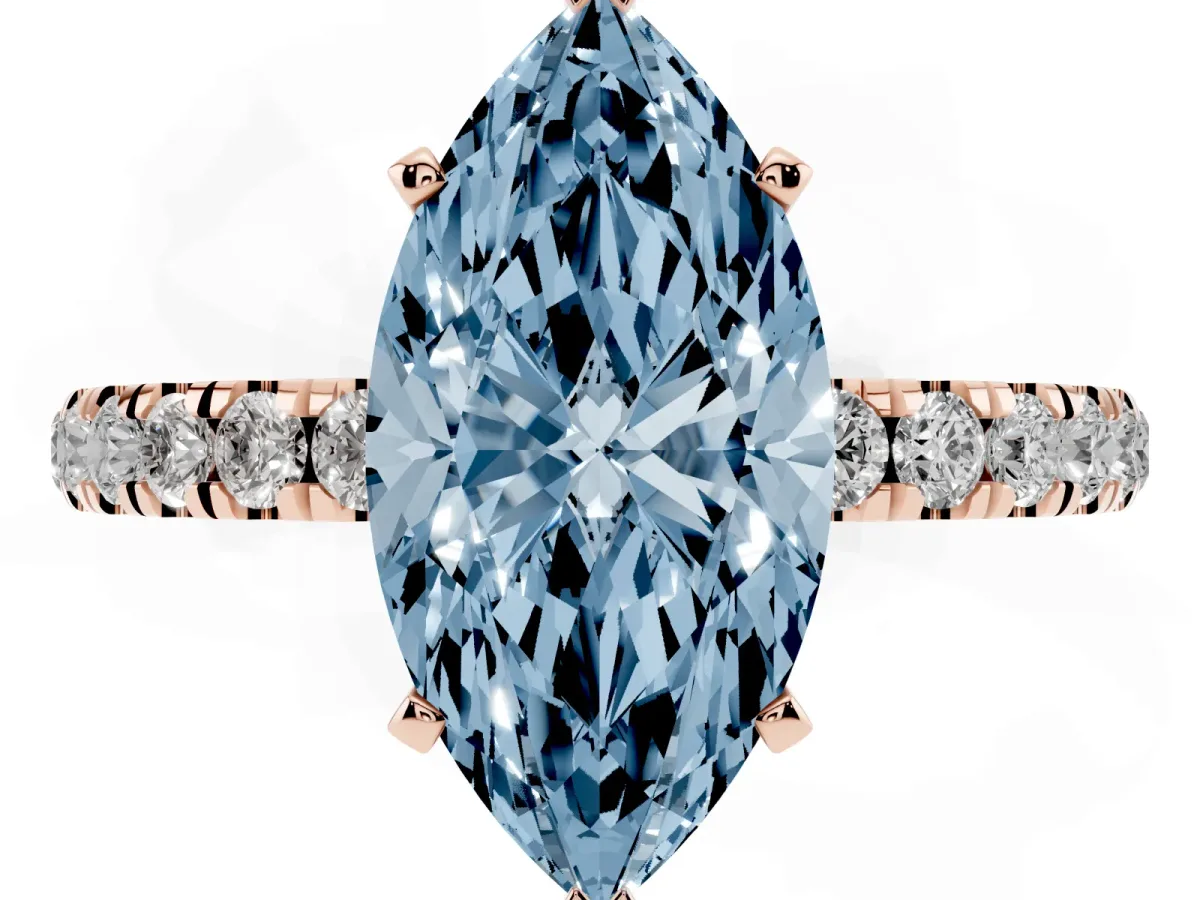 Fancy Blue Marquise Cut Diamond Solitaire Ring with Pavé Accents and Four-Prong Setting Rose gold
