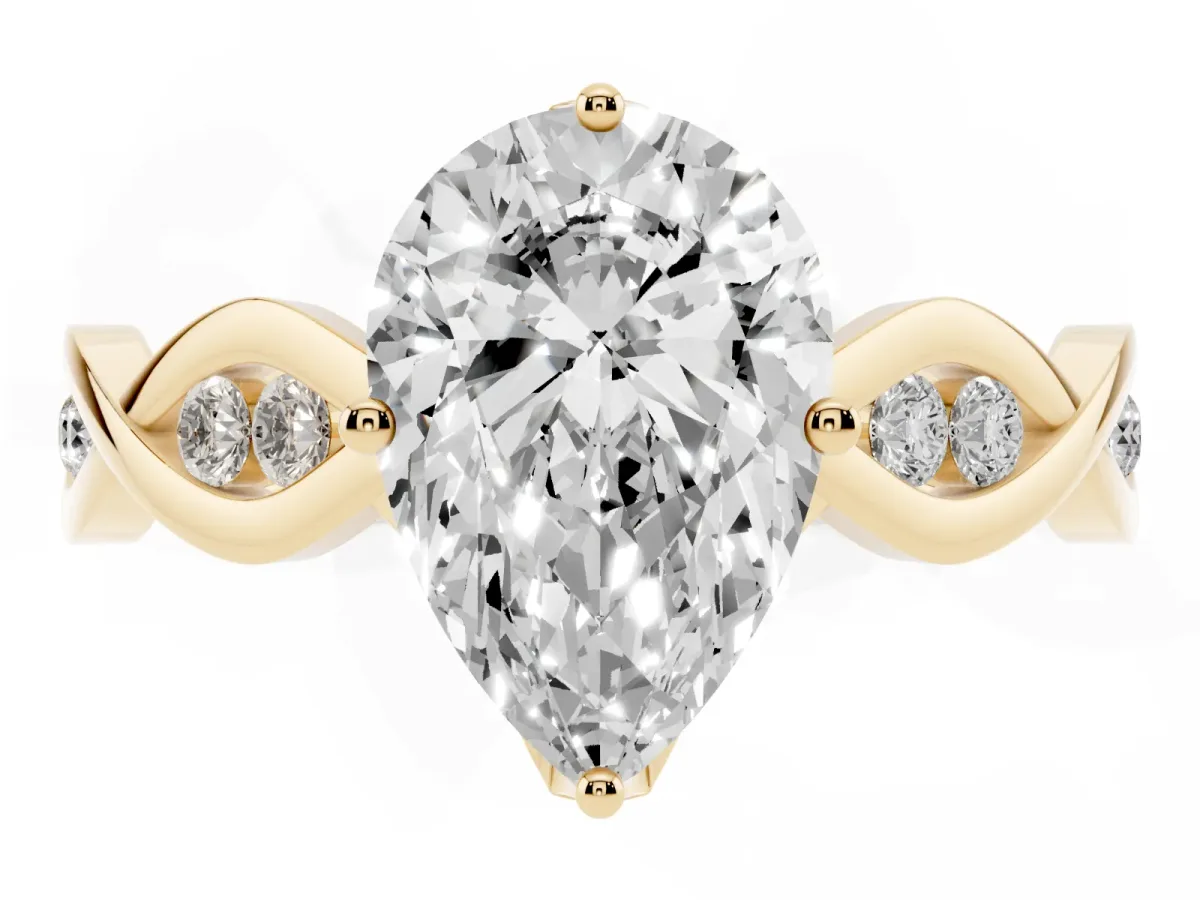 Pear Cut Solitaire Twist Band with Leaf Prong Setting Yellow gold
