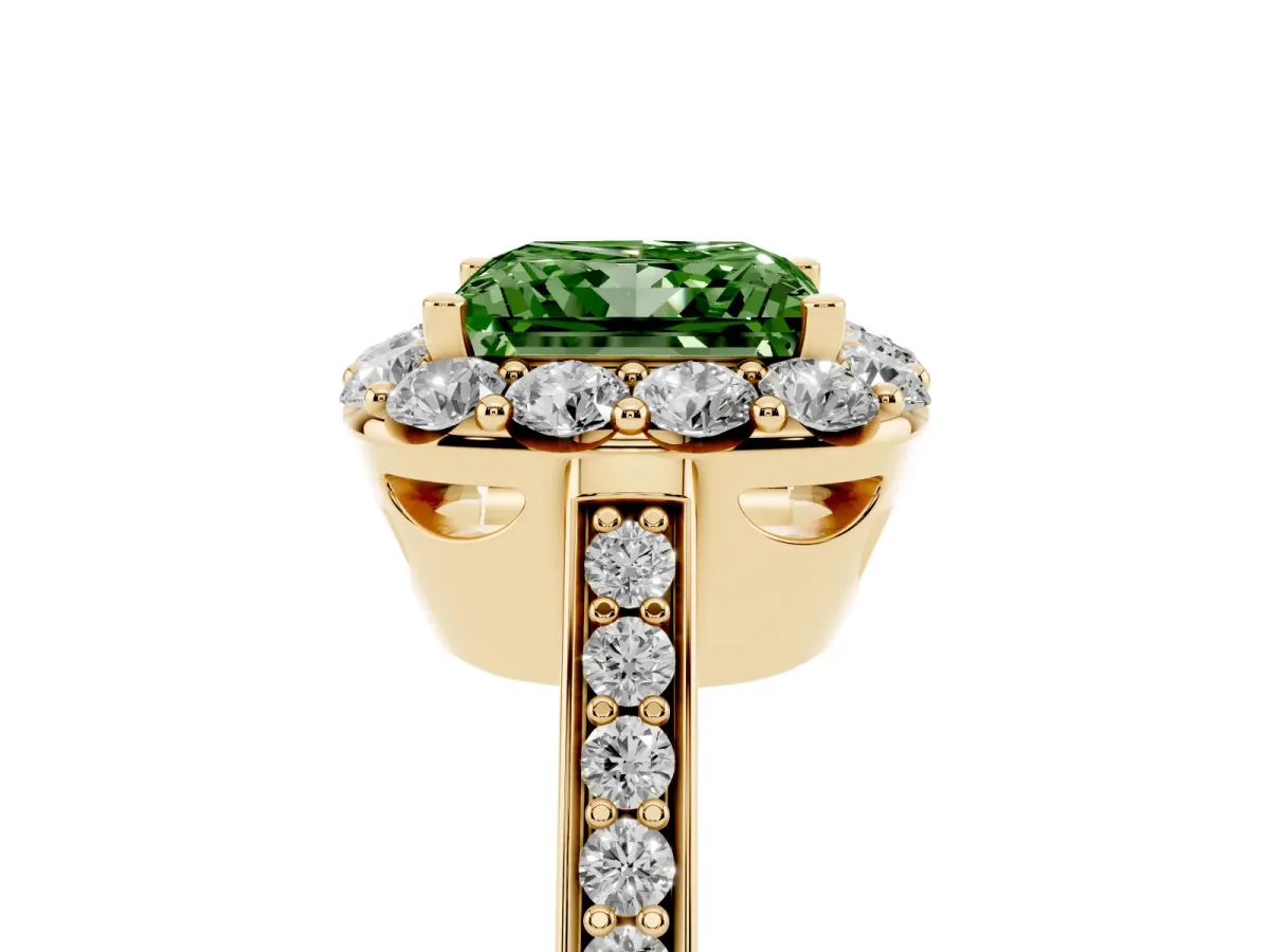 Fancy Green Princess Cut Diamond Floral Halo Ring with Pavé Band and Prong Setting Yellow gold