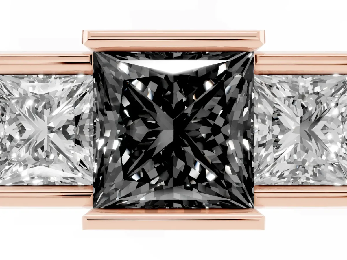 Fancy Black Three Stone Princess Cut Cut Channel Set Diamond Ring Rose gold