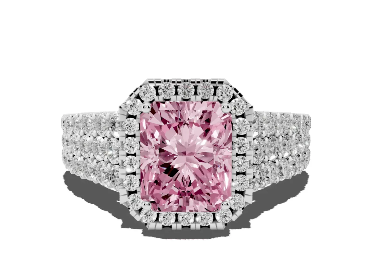 Fancy Pink Radiant Cut Diamond Halo Engagement Ring with Triple Row Round Pavé Band and Prong Setting Silver