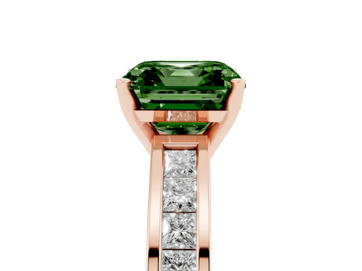 Fancy Green Asscher Cut Solitaire Diamond Ring with Channel-Set Band and Four-Prong Setting Rose gold