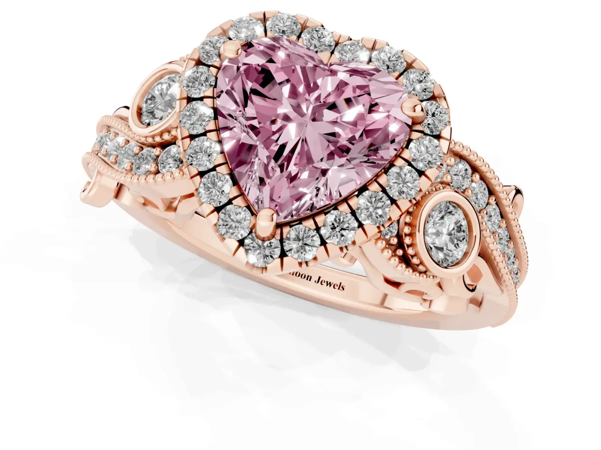 Fancy Pink Heart Cut Halo Diamond Ring with Milgrain and Bezel Accents on a Split Shank Band Rose gold