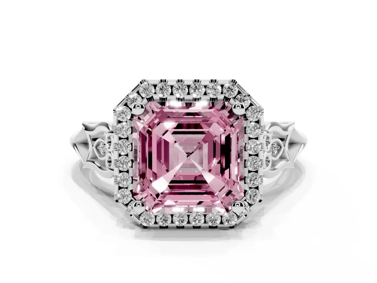 Fancy Pink Asscher Cut Halo Diamond Engagement Ring with Filigree Band and Four-Prong Setting Platinum