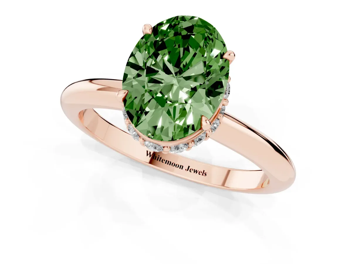 Fancy Green Oval Cut Brilliant Solitaire Engagement Ring with Six-Prong Setting and Classic Band Rose gold