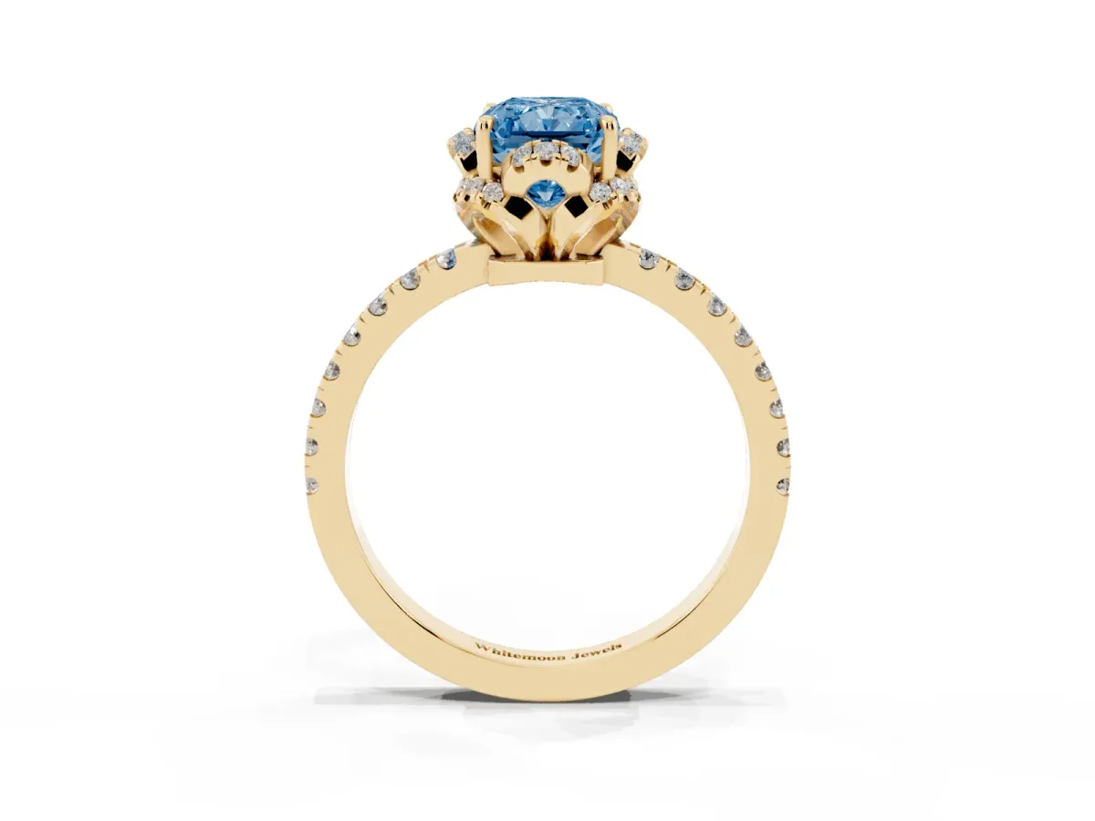Fancy Blue Radiant Cut Diamond Halo Pave Band with Four-Prong Setting Yellow gold