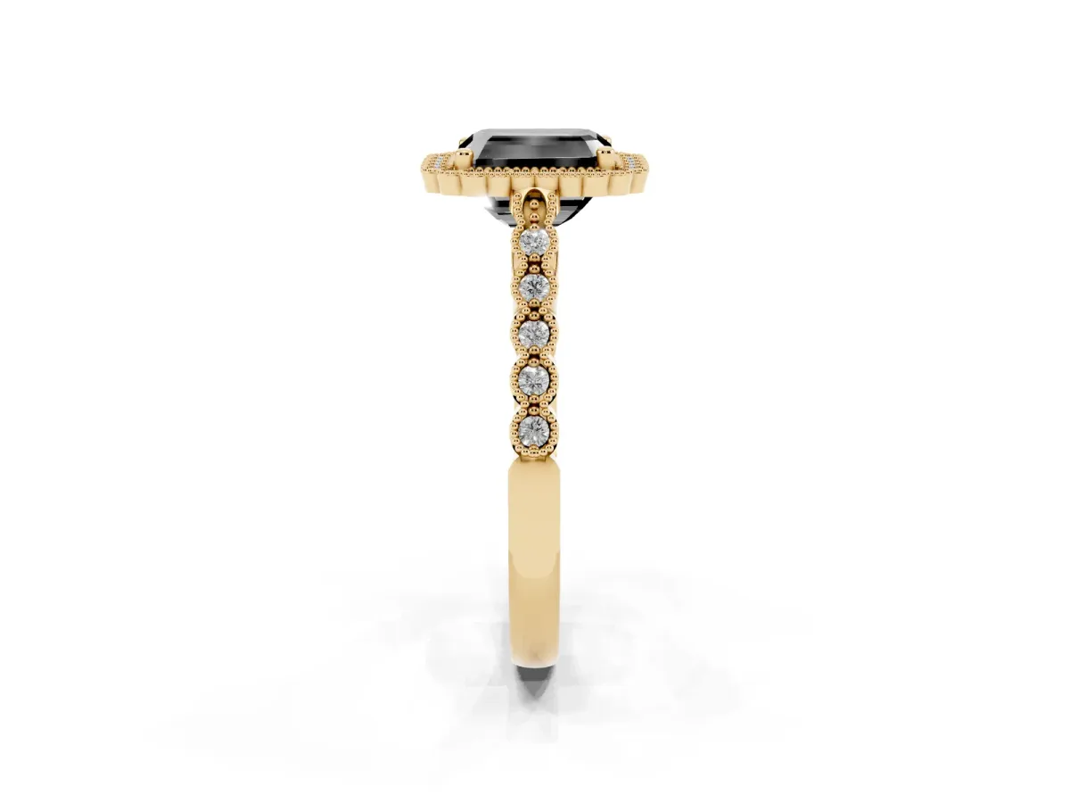 Fancy Black Radiant Cut Cut Halo Pavé Solitaire Ring with Milgrain Band Yellow gold