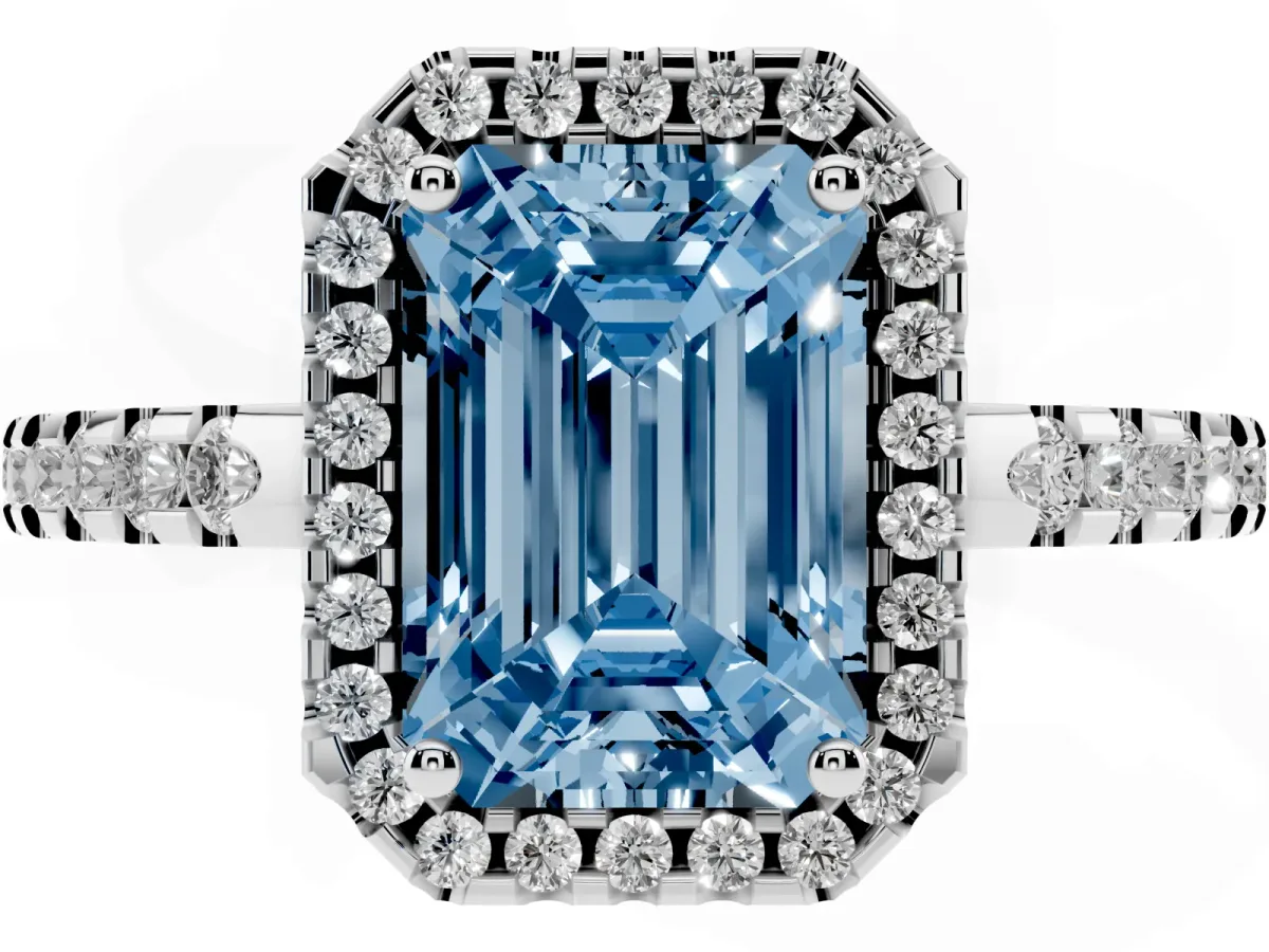 Fancy Blue Emerald Cut Diamond Halo Engagement Ring with Pavé Band and Prong Setting White gold
