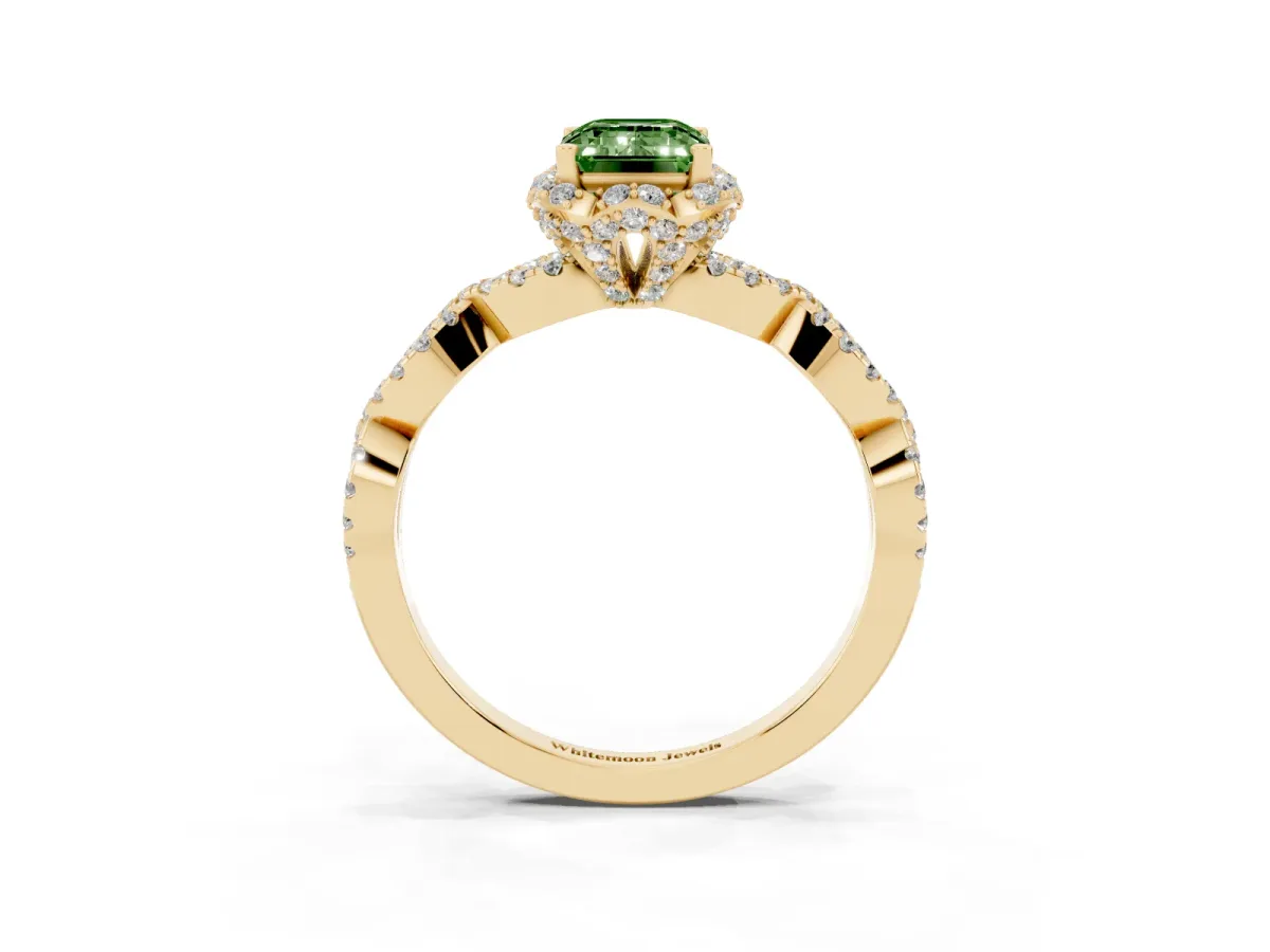 Fancy Green Emerald Cut Halo Twist Band Solitaire Ring with Six-Prong Setting Yellow gold